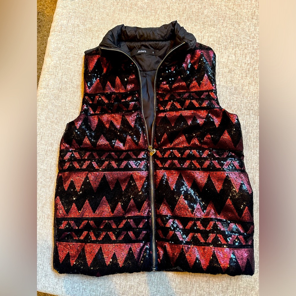 Geometric Patterned puffy Vest - Black and Red sequins Size small by J Hoffman